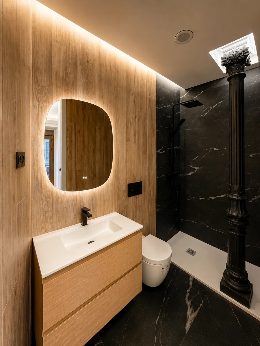 Baño con porcelánico negro y columna de hierro